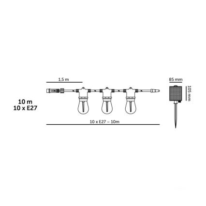 Guirlande décorative solaire LED dimmable STARLIGHT NEO 10x E27/3,7V 2700K IP54 1200 mAh 11,5 m + télécommande