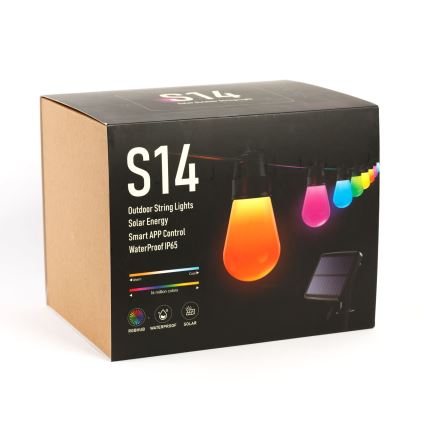 Guirlande solaire LED RGBIC à intensité variable 30xLED/1,3W/3,7/5V 2200 mAh 14,37 m IP65 noir + télécommande