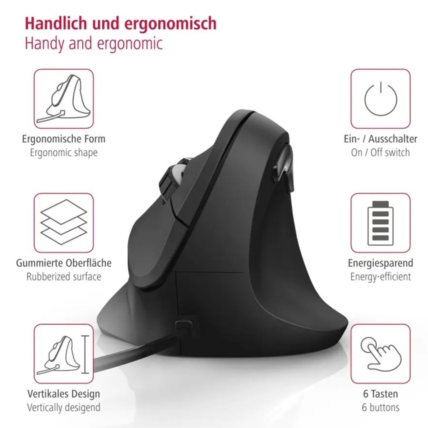 Hama - Ergonomische bedrade muis 1000/1400/1800 DPI zwart