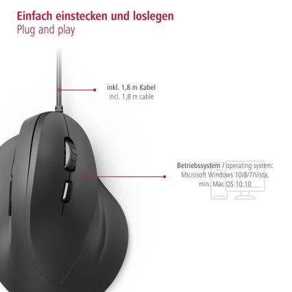 Hama - Ergonomische bedrade muis 1000/1400/1800 DPI zwart