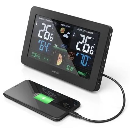 Hama - Station météo avec écran LCD couleur et réveil + USB noir