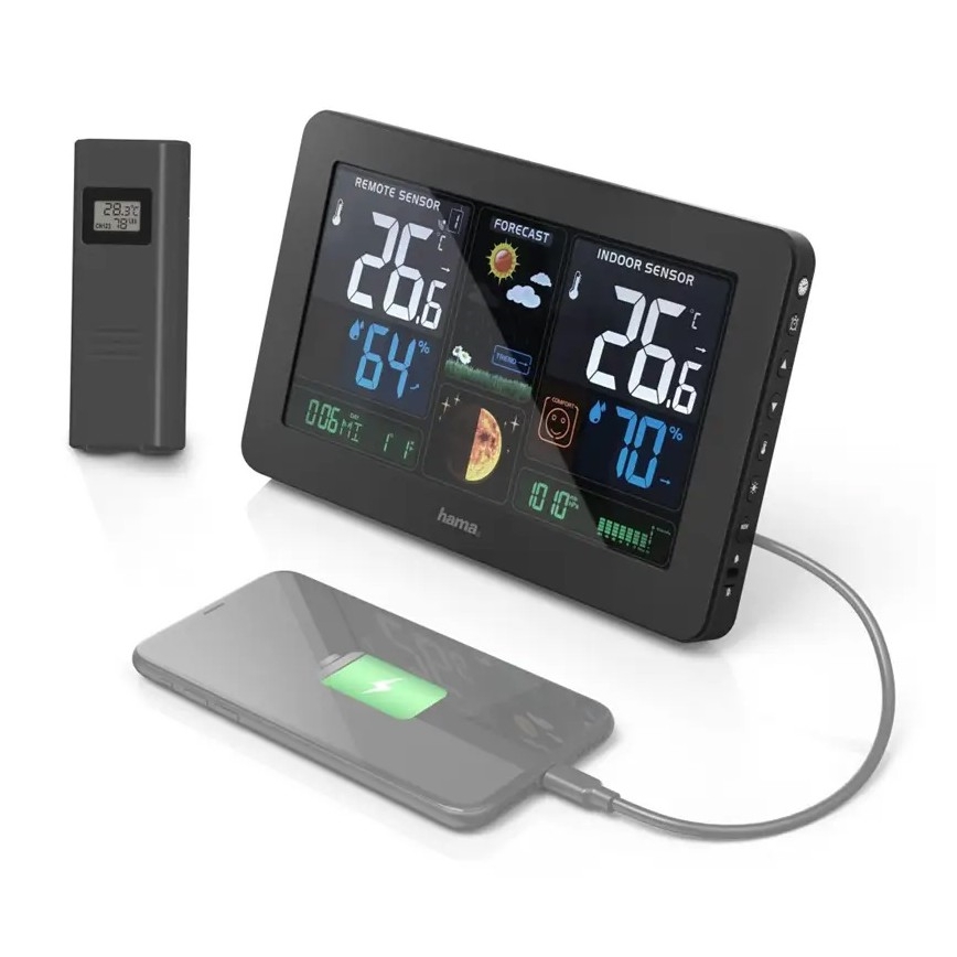 Hama - Station météo avec écran LCD couleur et réveil + USB noir