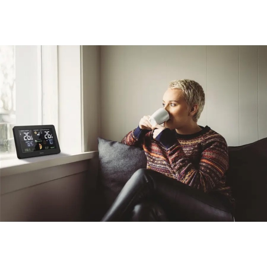 Hama - Weerstation met kleuren LCD-scherm en wekker 230V/2xAA + USB zwart