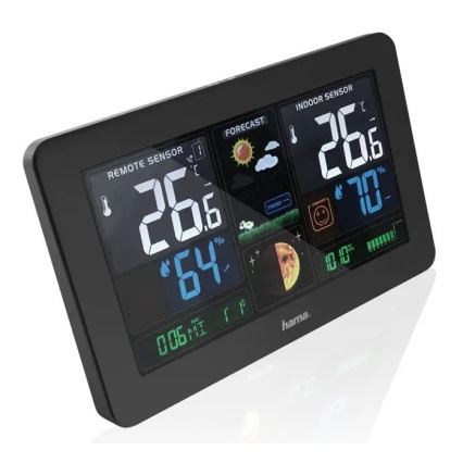 Hama - Weerstation met kleuren LCD-scherm en wekker 230V/2xAA + USB zwart