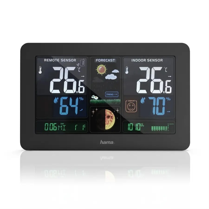 Hama - Weerstation met kleuren LCD-scherm en wekker 230V/2xAA + USB zwart