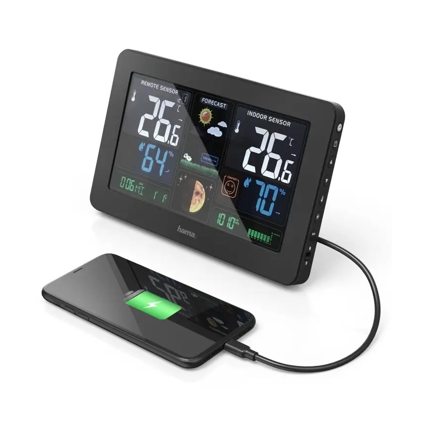 Hama - Weerstation met kleuren LCD-scherm en wekker 230V/2xAA + USB zwart