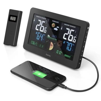 Hama - Weerstation met kleuren LCD-scherm en wekker 230V/2xAA + USB zwart