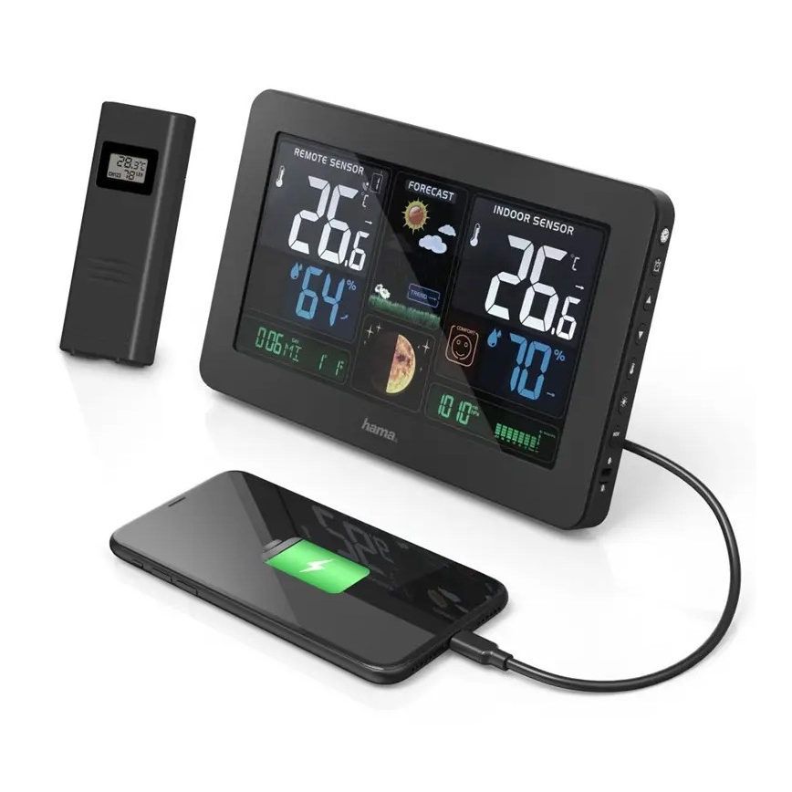 Hama - Weerstation met kleuren LCD-scherm en wekker 230V/2xAA + USB zwart