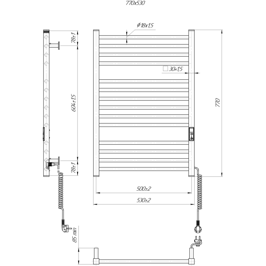 Handdoekradiator HF DERBY 170W/230V 77x53 cm wit rechts