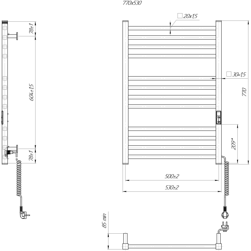 Handdoekradiator HF LONDON 165W/230V 77x53 cm zwart, rechts