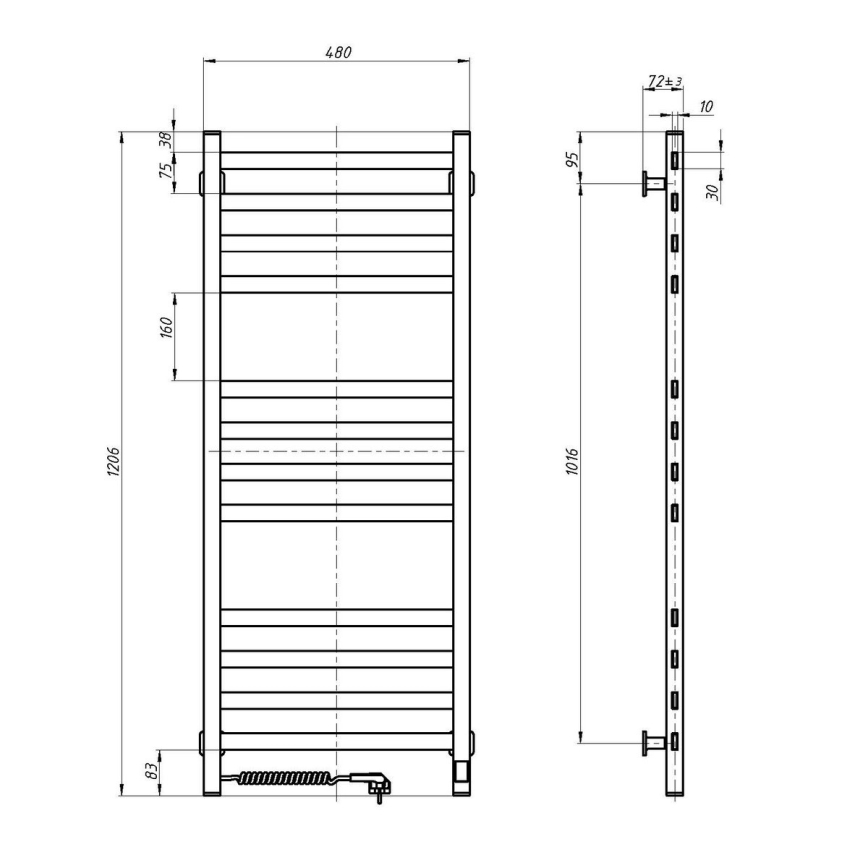 Handdoekradiator voor badkamer met thermostaat AVANGARD 227W 120x48cm zwart, links