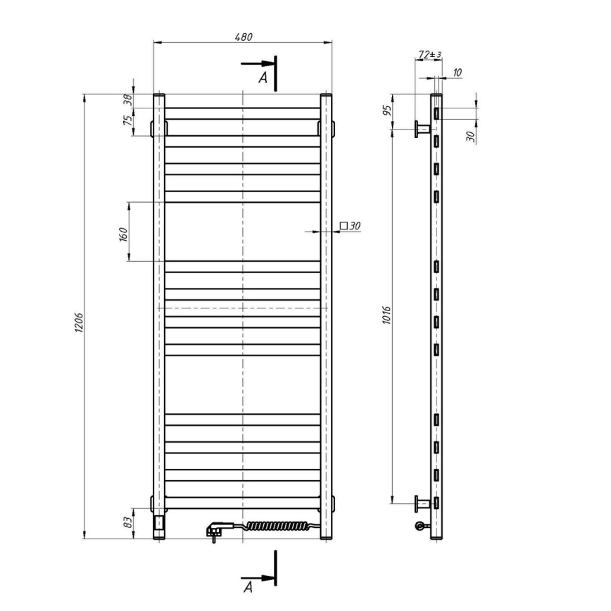Handdoekradiator voor de badkamer met thermostaat AVANGARD 227W 120x48cm wit, rechter aansluiting