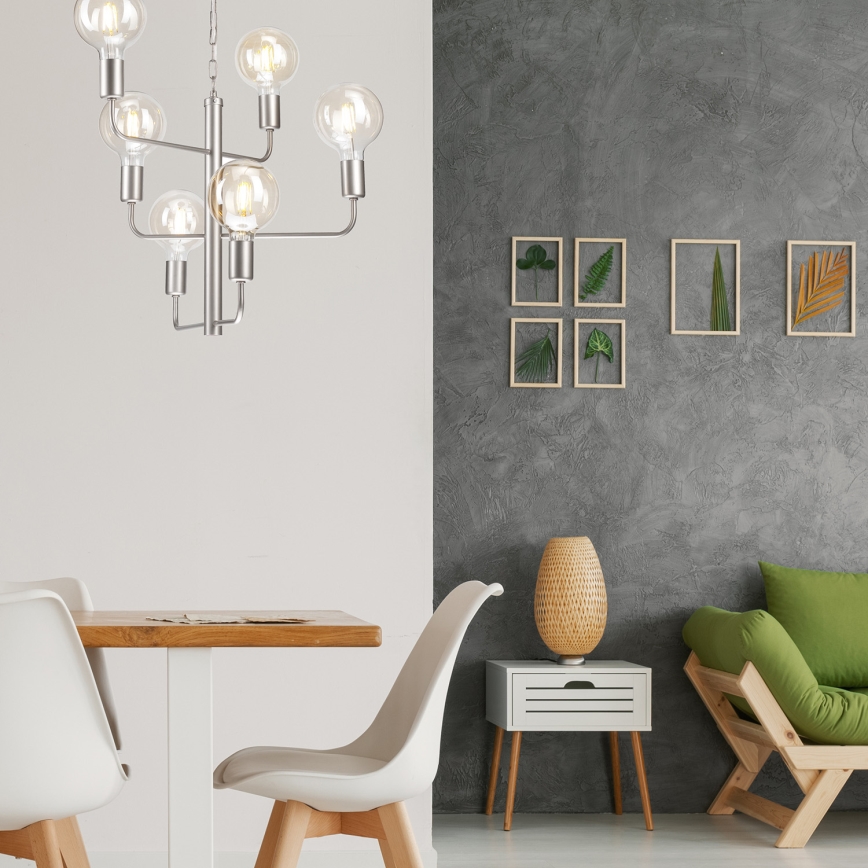 Hanglamp aan een ketting ORLANDO 6xE27/60W/230V zilver