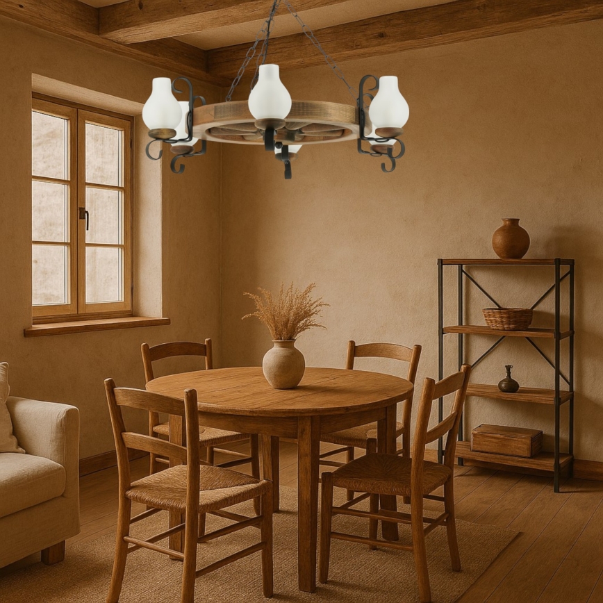 Hanglamp aan een ketting ROATA 6xE14/40W/230V diameter 70 cm beuken