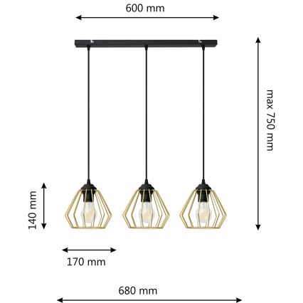 Hanglamp aan een koord AGAT 3xE27/15W/230V goud/zwart