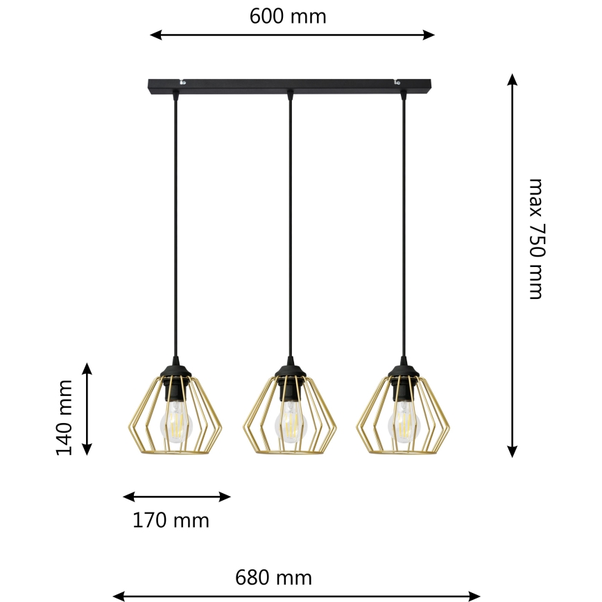 Hanglamp aan een koord AGAT 3xE27/15W/230V goud/zwart
