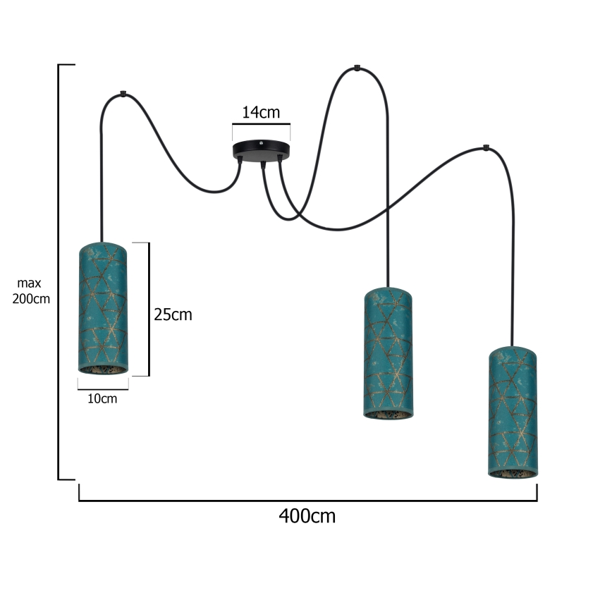 Hanglamp aan een koord AVALO 3xE27/60W/230V spin turquoise/goud