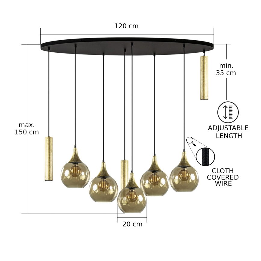 Hanglamp aan een koord CALYPSO 3xGU10/60W/230V + 5xE27/60W zwart/goud