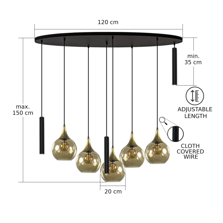 Hanglamp aan een koord CALYPSO 3xGU10/60W/230V + 5xE27/60W zwart/goud