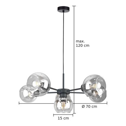 Hanglamp aan een koord KALIOPE 6xE27/60W/230V zwart/doorzichtig