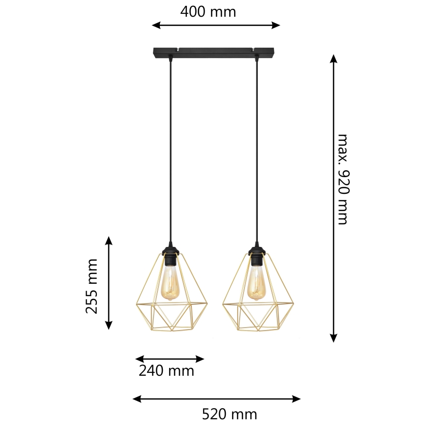 Hanglamp aan een koord KARO 2xE27/15W/230V goud/zwart