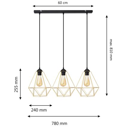 Hanglamp aan een koord KARO 3xE27/15W/230V goud/zwart