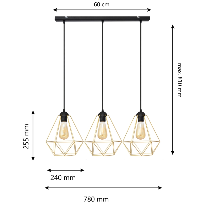 Hanglamp aan een koord KARO 3xE27/15W/230V goud/zwart