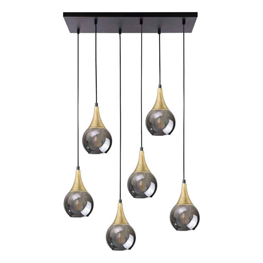Hanglamp aan een koord LACRIMA SMOKY 6xE27/60W/230V zwart/goud/gerookt zwart