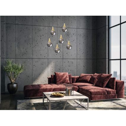Hanglamp aan een koord LACRIMA SMOKY 6xE27/60W/230V zwart/goud/gerookt zwart