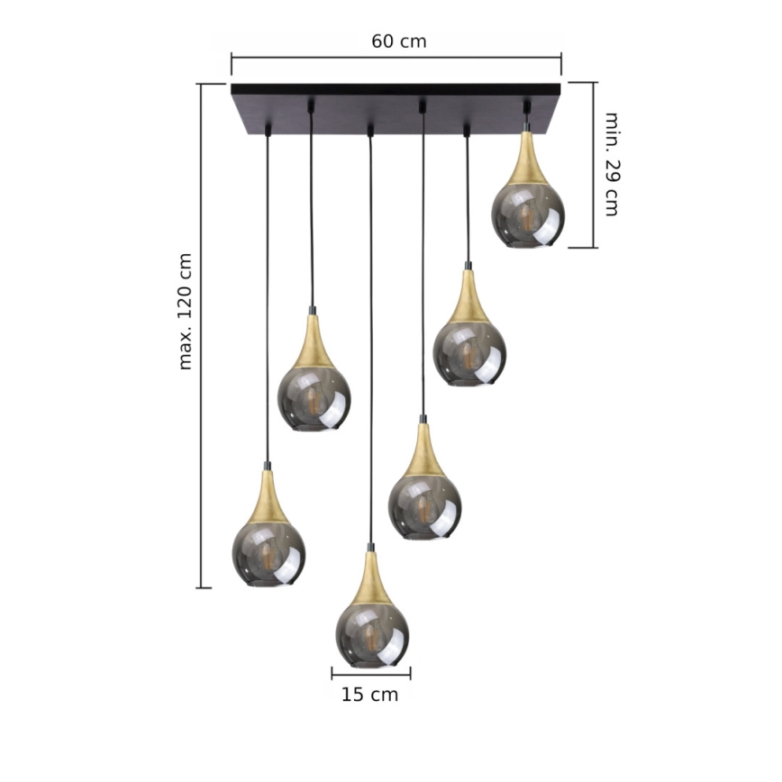 Hanglamp aan een koord LACRIMA SMOKY 6xE27/60W/230V zwart/goud/gerookt zwart