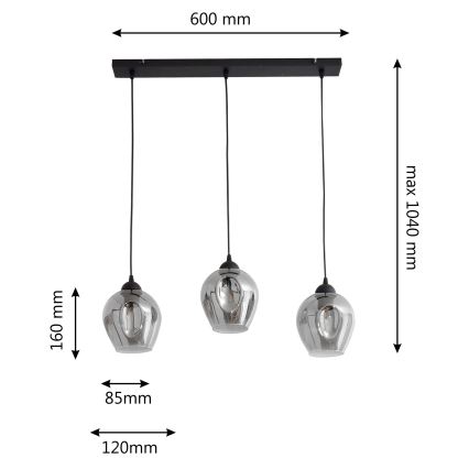 Hanglamp aan een koord LILI 3xE27/15W/230V zwart/grijs