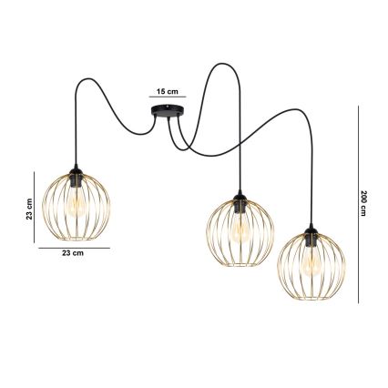Hanglamp aan een koord MATT 3xE27/60W/230V spin zwart/goud