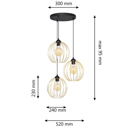 Hanglamp aan een koord MERCURE 3xE27/15W/230V goud/zwart