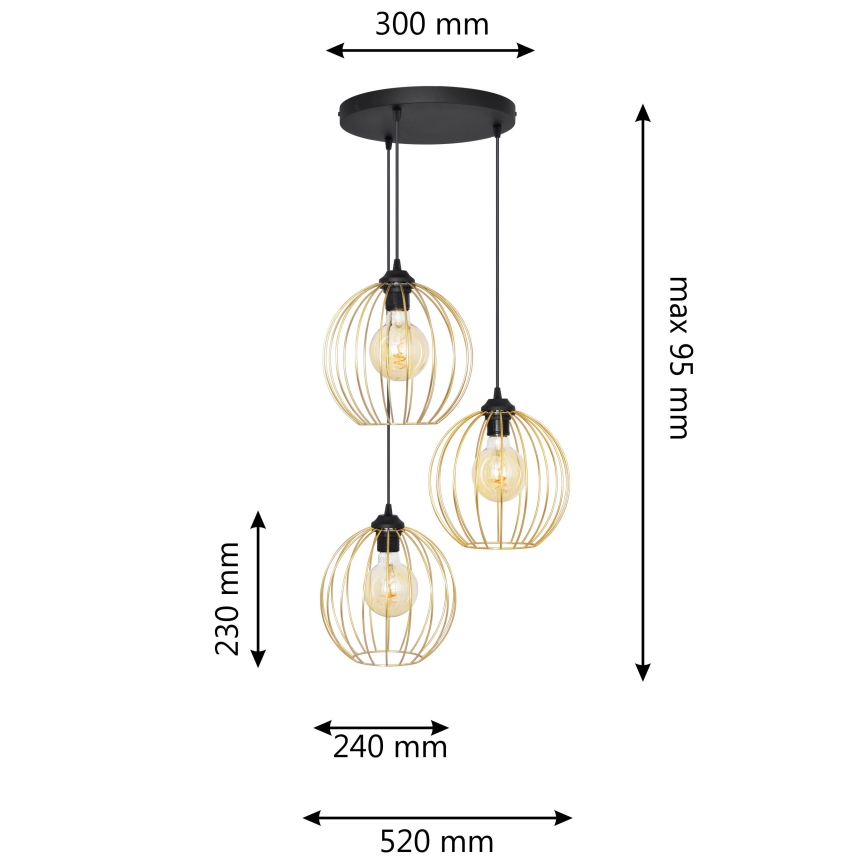 Hanglamp aan een koord MERCURE 3xE27/15W/230V goud/zwart