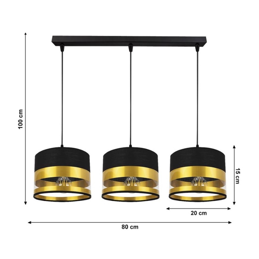 Hanglamp aan een koord MILO 3xE27/60W/230V goud/zwart