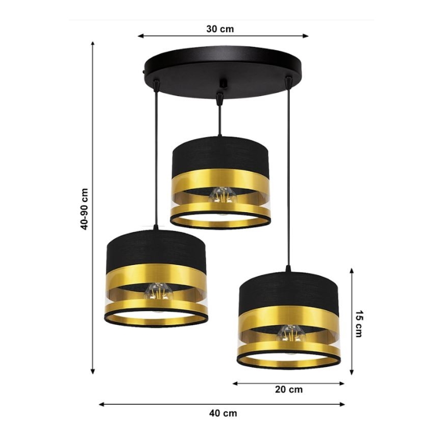 Hanglamp aan een koord MILO 3xE27/60W/230V goud/zwart