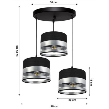 Hanglamp aan een koord MILO 3xE27/60W/230V zilver/zwart