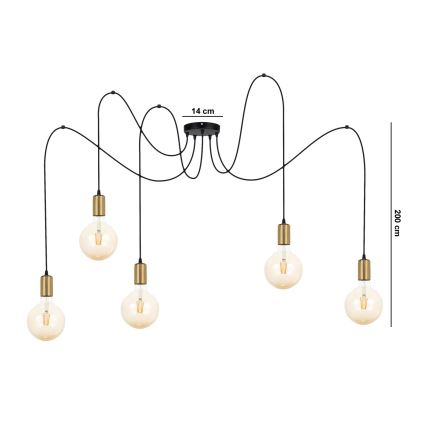 Hanglamp aan een koord MIROS 5xE27/60W/230V spin zwart/goud
