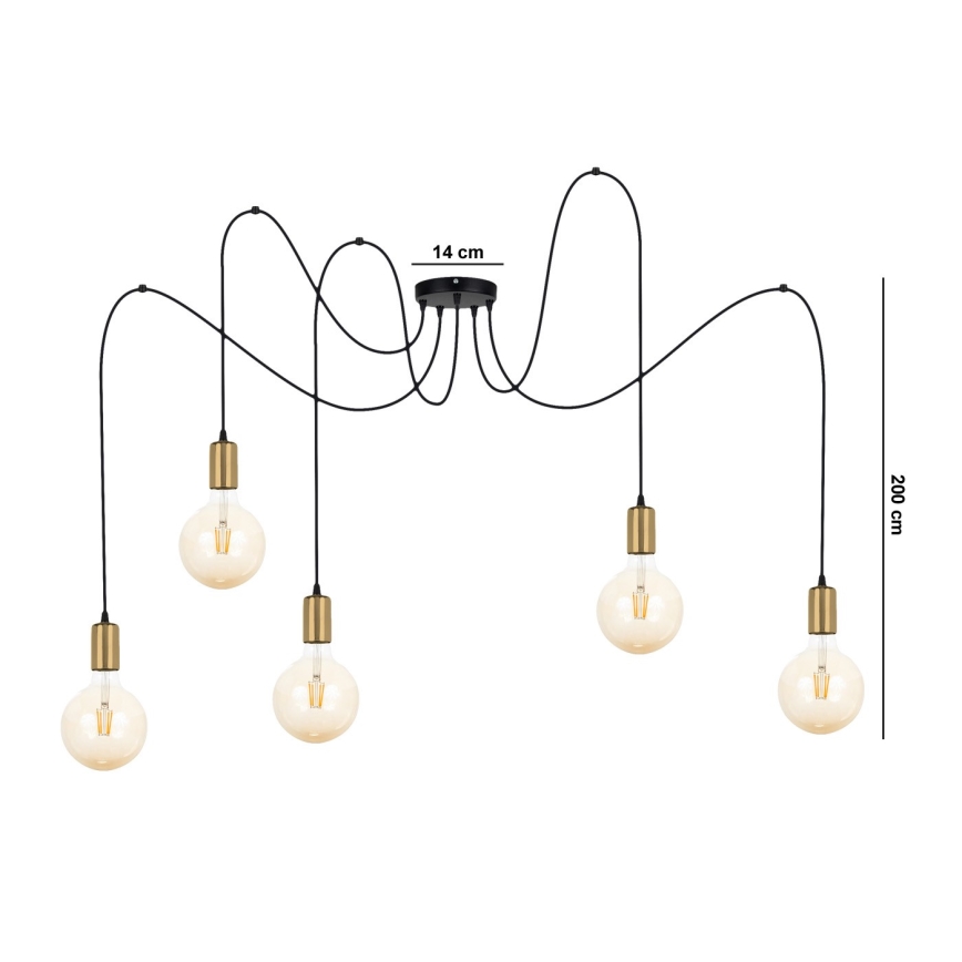 Hanglamp aan een koord MIROS 5xE27/60W/230V spin zwart/goud
