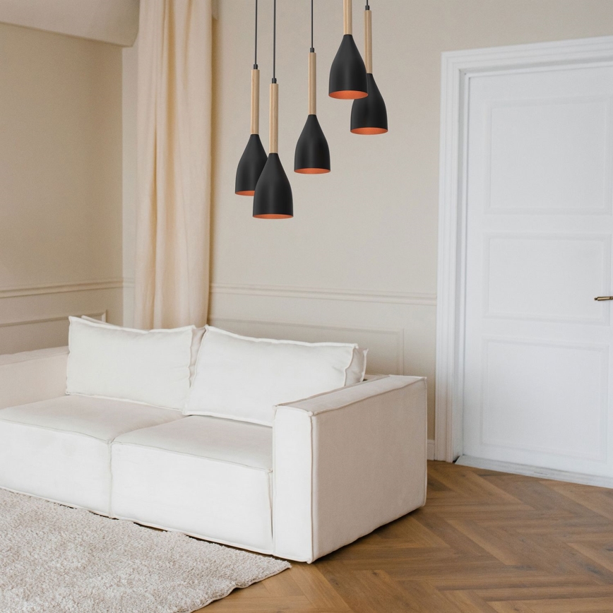 Hanglamp aan een koord MUZA 5xE27/15W/230V zwart/beige/koper/beuken