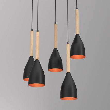 Hanglamp aan een koord MUZA 5xE27/15W/230V zwart/beige/koper/beuken