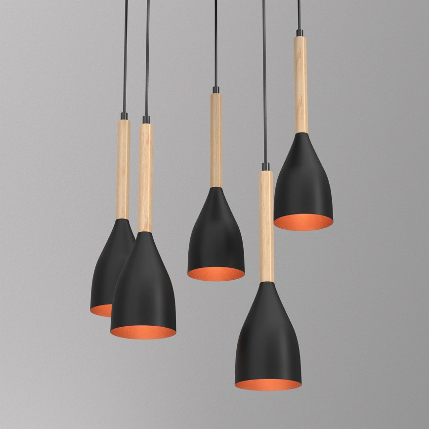 Hanglamp aan een koord MUZA 5xE27/15W/230V zwart/beige/koper/beuken