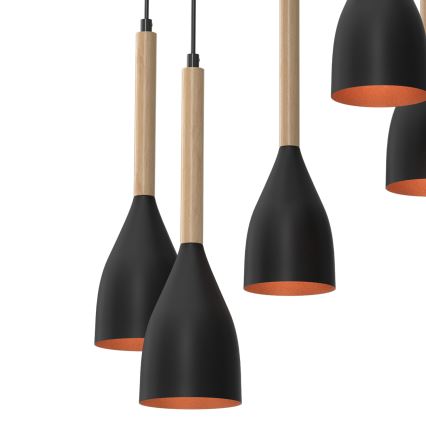 Hanglamp aan een koord MUZA 5xE27/15W/230V zwart/beige/koper/beuken