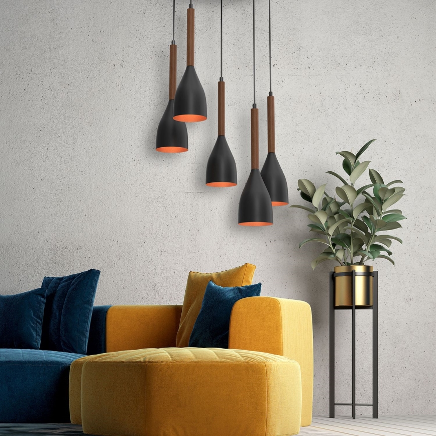 Hanglamp aan een koord MUZA 5xE27/15W/230V zwart/bruin/koper/beuken