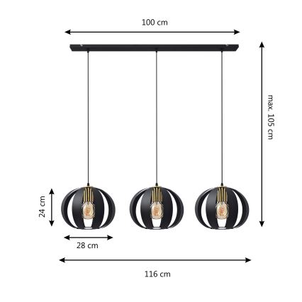 Hanglamp aan een koord NEWTON 3xE27/15W/230V zwart/gouden