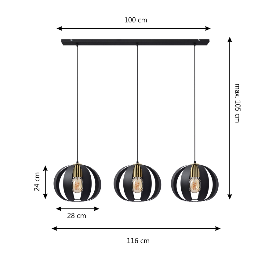 Hanglamp aan een koord NEWTON 3xE27/15W/230V zwart/gouden