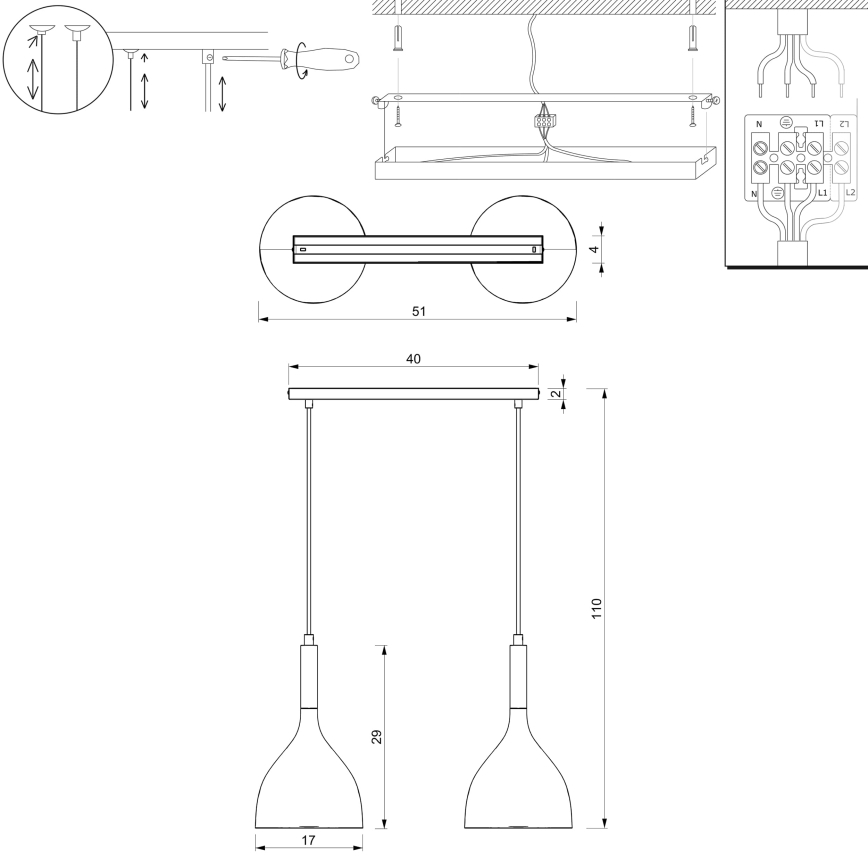 Hanglamp aan een koord NOAK 2xE27/15W/230V zwart/glanzend chroom
