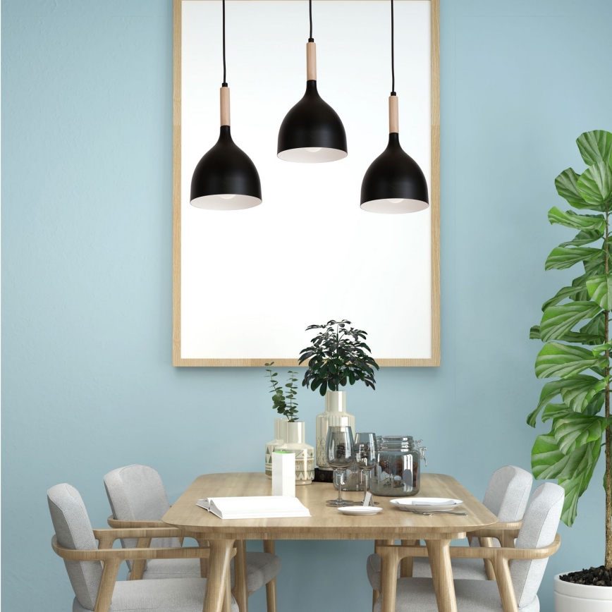 Hanglamp aan een koord NOAK WOOD 3xE27/15W/230V zwart/beuken