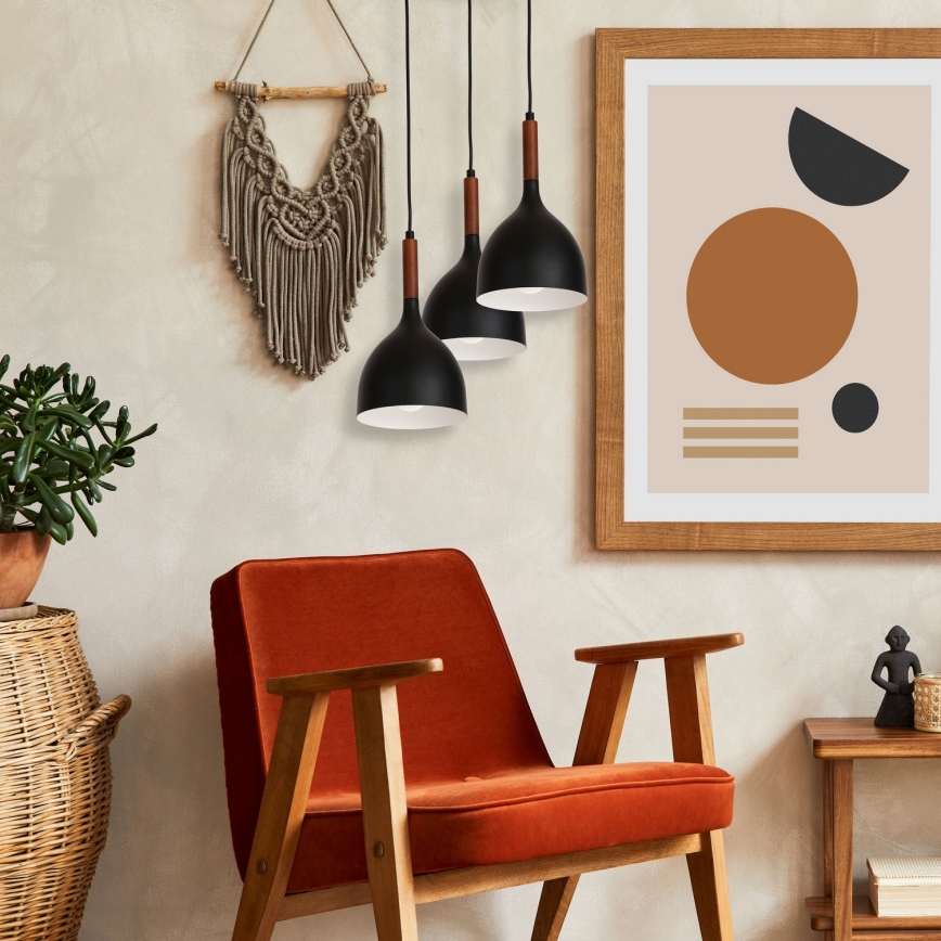 Hanglamp aan een koord NOAK WOOD 3xE27/15W/230V zwart/beuken