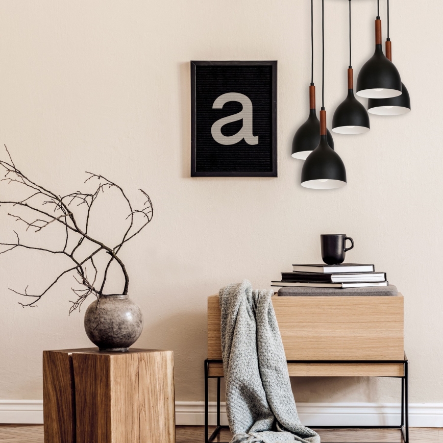 Hanglamp aan een koord NOAK WOOD 5xE27/15W/230V zwart/beuken